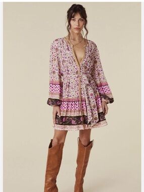 Spell Lady Untamed Floral Pink Boho Long-Sleeve Mini Dress XL